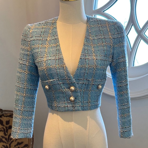 ALESSANDRA RICH light blue Checked Tweed Cropped Jacket size 0 *LIKE NEW - Picture 2 of 16